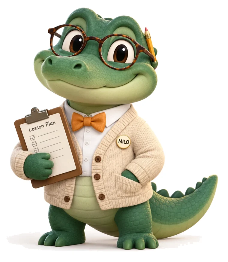 MILO, a friendly alligator professor in round glasses, a cream cardigan and an orange bow tie, holding a lesson plan clipboard